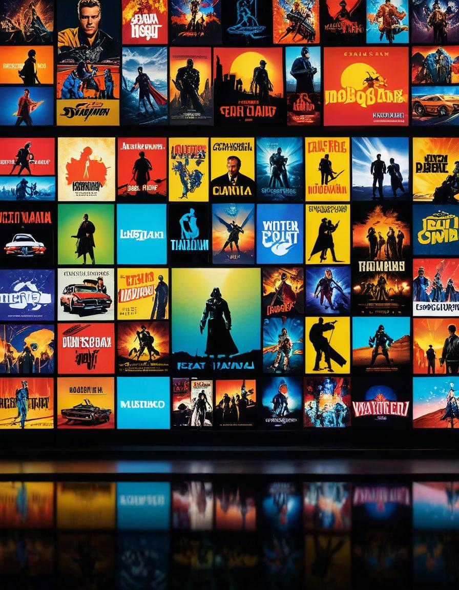 A diverse and dynamic collage of movie posters featuring a mix of iconic classic films, blockbuster hits, and the latest cinema releases, arranged against the backdrop of a glowing TV screen and streaming platform logos. The overall feel should exude excitement and nostalgia, with rich, vibrant colors and a cinematic atmosphere. super-realistic. vibrant colors.