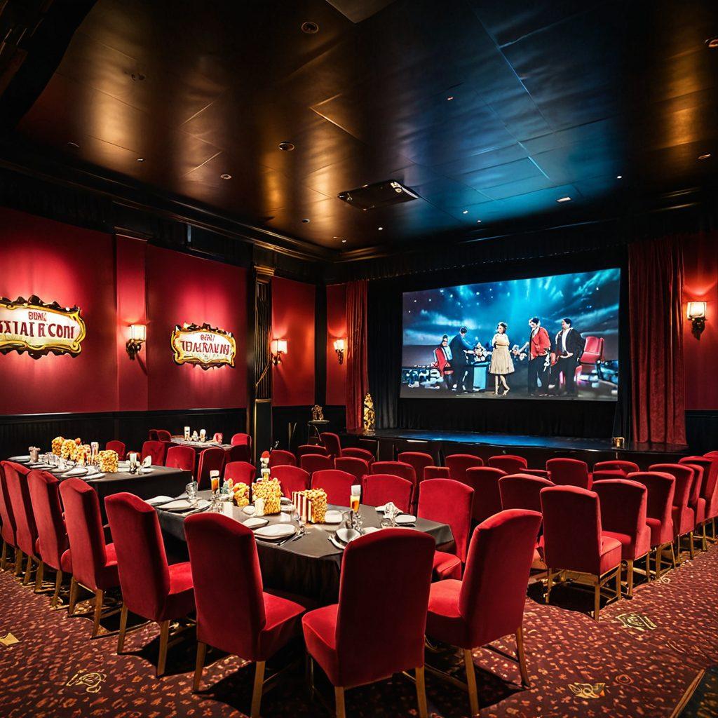 A stylish dinner theater with a large projection screen showing classic and modern iconic movie scenes, surrounded by plush velvet chairs and a pop-corn machine. Vintage film reels and golden statuettes adorn the room, adding a nostalgic touch. Evening glow lighting enhances the cinematic ambiance. super-realistic. vibrant colors.