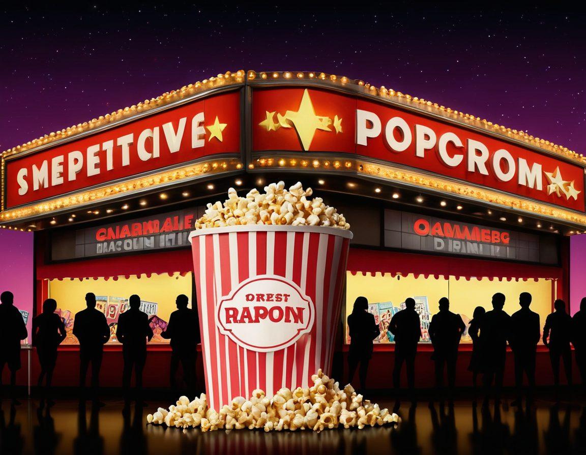 A lively cinema marquee displaying classic and new movie titles with spotlights illuminating the scene. Silhouettes of film reels and popcorn stand in front, while a vibrant crowd eagerly holds movie tickets. Elements of film trailers and review highlights are subtly incorporated in the background. super-realistic. vibrant colors.